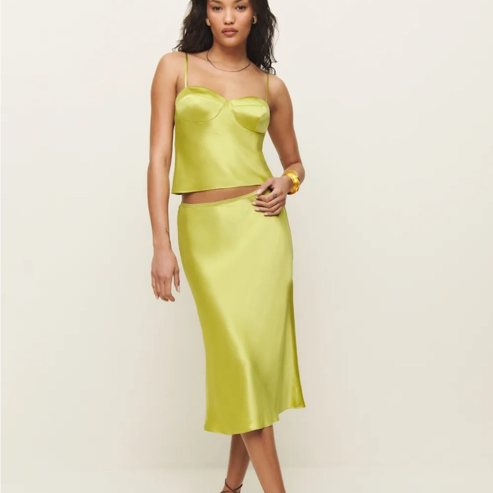 Reformation Silk Two Piece Sweatheart neckline